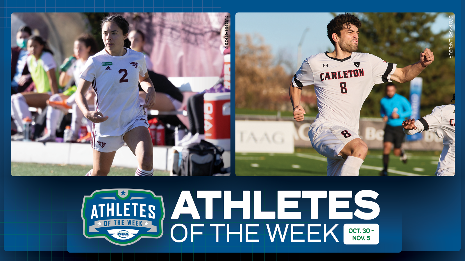 Graphic on predominantly blue background featuring side by side action photos of Ottawa women?s soccer player Jenna Matsukubo and Carleton men?s soccer player Luca Piccioli, with OUA Athletes of the Week logo and large white text that reads 'OUA Athletes of the Week' in the lower third