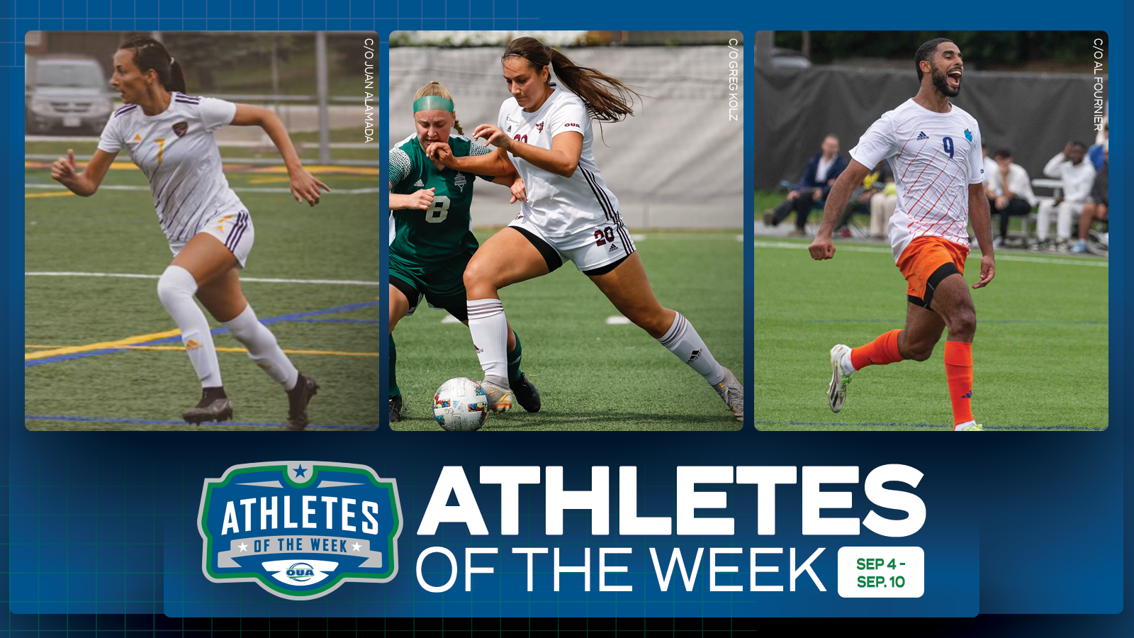 Graphic on predominantly blue background featuring side by side action photos of Laurier women?s soccer player Lexi Kroeker, Ottawa women?s soccer player Cassandra Provost, and Ontario Tech men?s soccer player Omar Marzouk, with OUA Athletes of the Week logo and large white text that reads 'OUA Athletes of the Week' in the lower third
