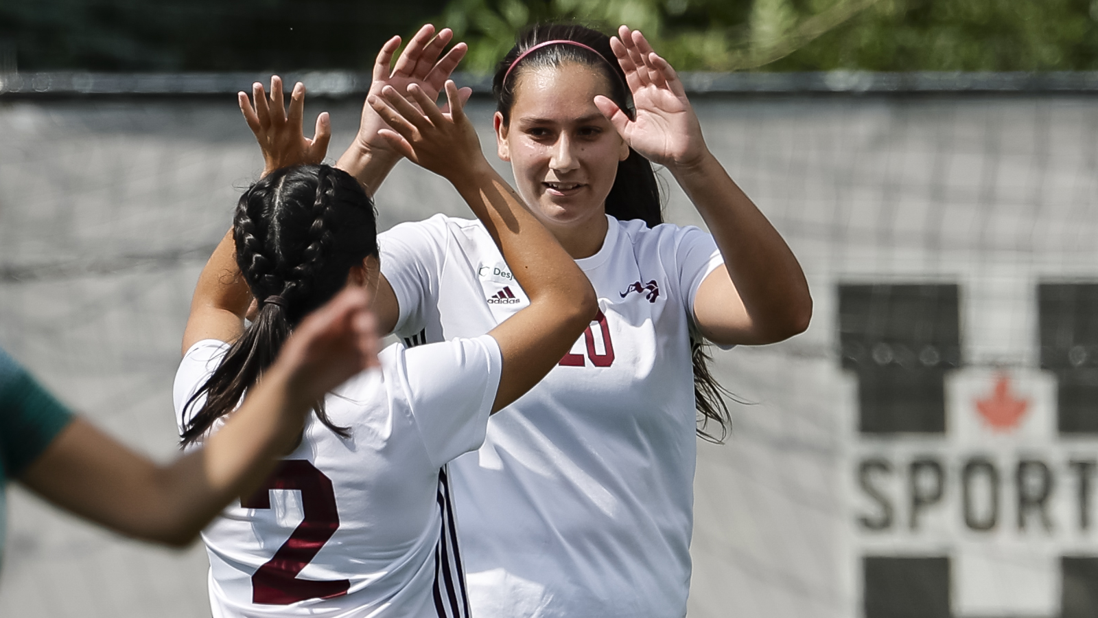 Action photo of Ottawa women's soccer player Cassandra Provost high fiving her teammate on the field