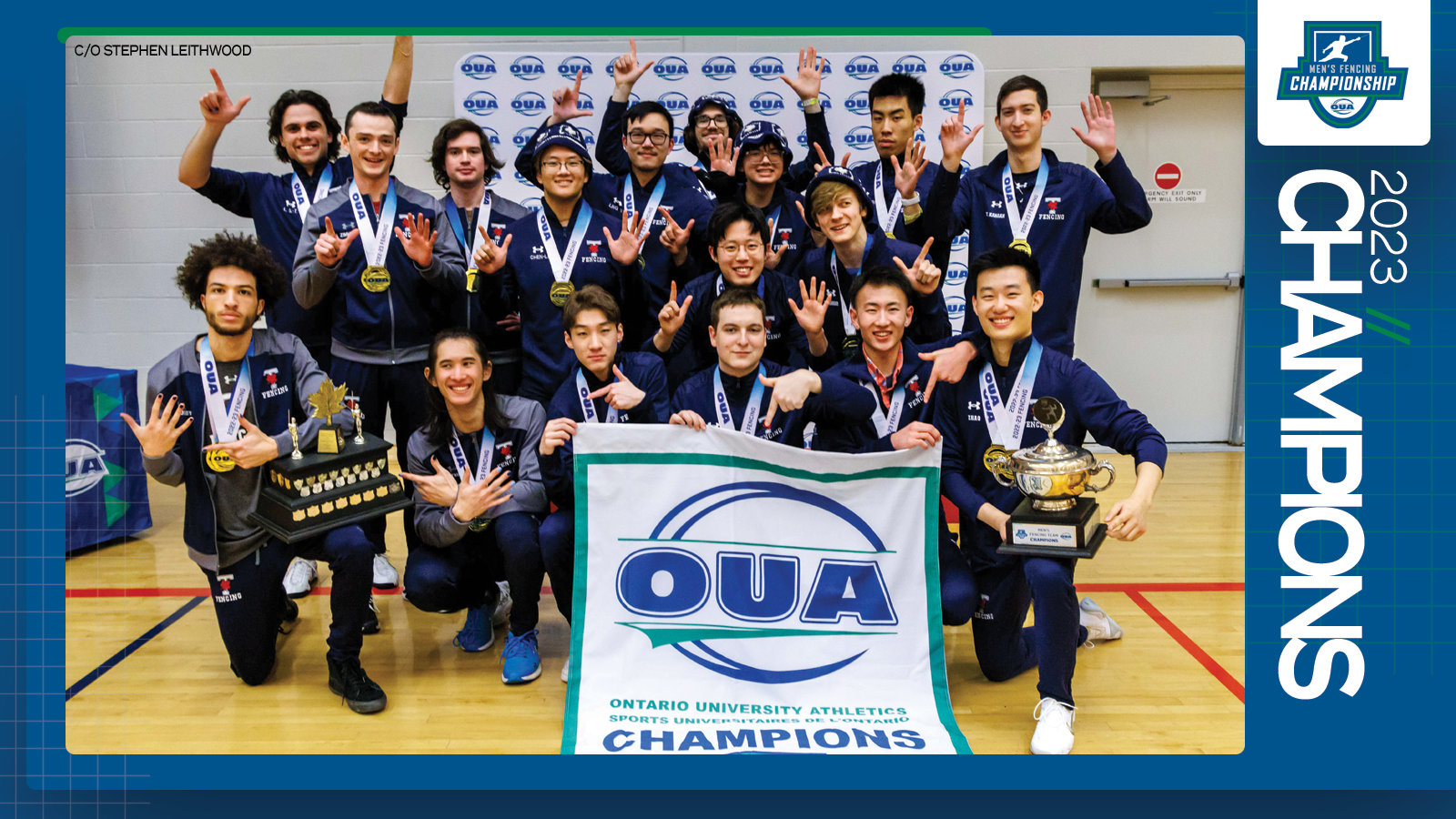 Predominantly blue graphic covered mostly by 2023 OUA Men's Fencing Championship banner photo, with the corresponding championship logo and white text reading '2023 Champions' on the right side