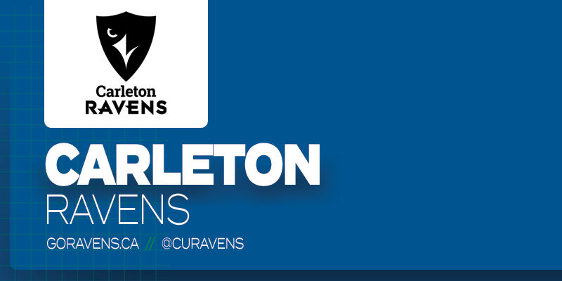 Predominantly blue graphic with Carleton Ravens logo on small white rectangle and white text below it that reads 'Carleton Ravens'