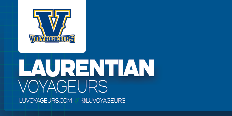 Predominantly blue graphic with Laurentian Voyageurs logo on small white rectangle and white text below it that reads 'Laurentian Voyageurs'