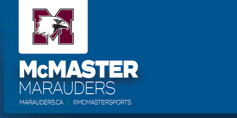 Predominantly blue graphic with McMaster Marauders logo on small white rectangle and white text below it that reads 'McMaster Marauders'