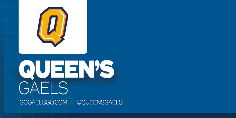 Predominantly blue graphic with Queen's Gaels logo on small white rectangle and white text below it that reads 'Queen's Gaels'