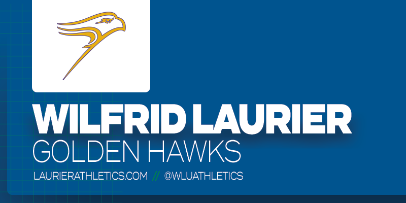 Predominantly blue graphic with Wilfrid Laurier Golden Hawks logo on small white rectangle and white text below it that reads 'Wilfrid Laurier Golden Hawks'
