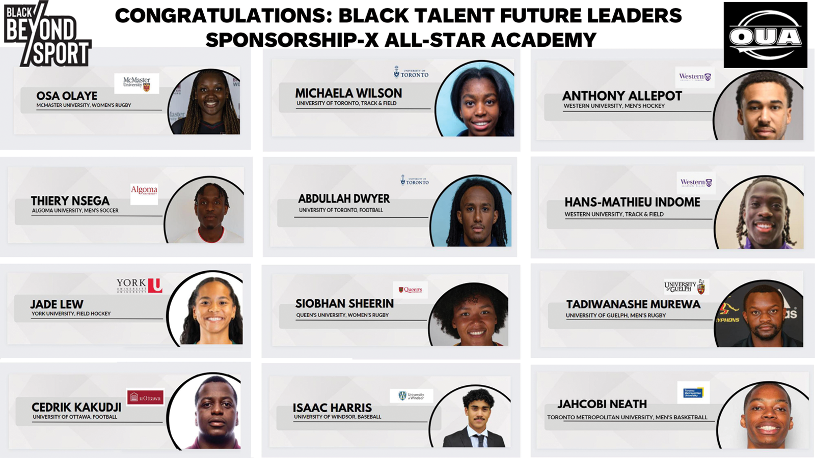 Collage of 12 OUA student-athlete headshots alongside their names, sports, and university logo, with bold black text at the top that reads, 'Congratulations: Black Talent Future Leaders SponsorshipX All-Star Academy', with the Black Beyond Sport and OUA logos featured in the top corners