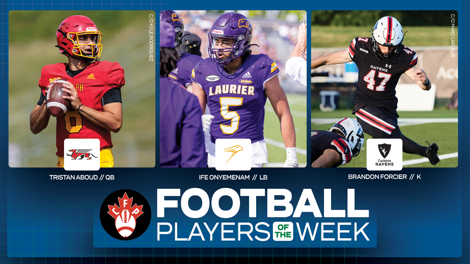 Graphic on predominantly blue background featuring action photos of Tristan Aboud, Ife Onyemenam, and Brandon Forcier, along with Canadian Football Perspective logo and white text that reads 'Football Players of the Week'