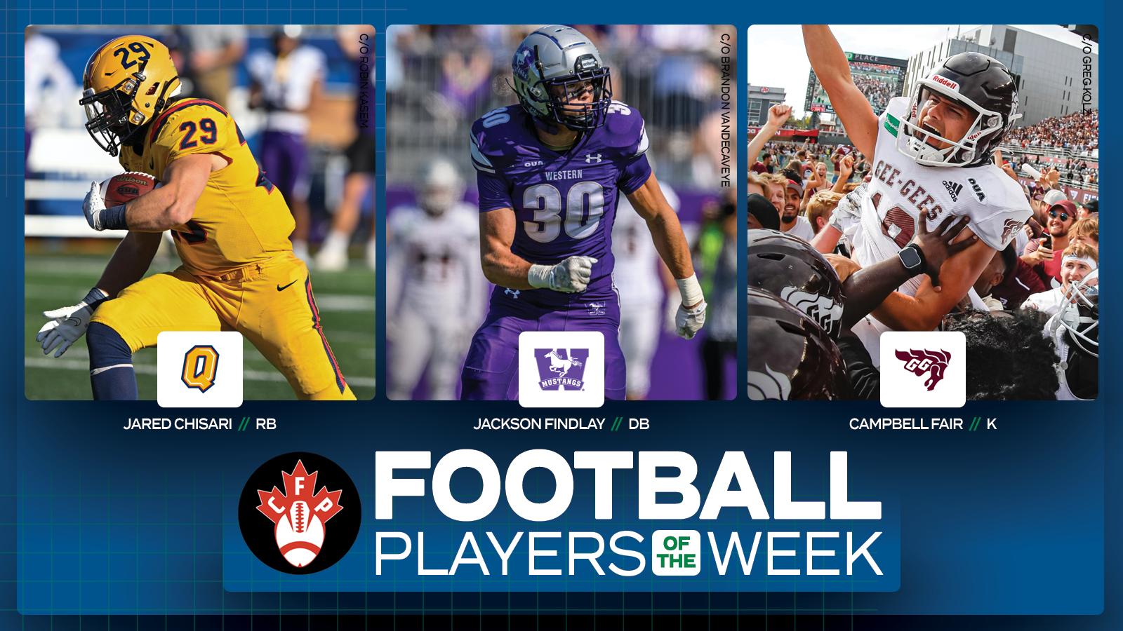 Graphic on predominantly blue background featuring action photos of Jared Chisari, Jackson Findlay, and Campbell Fair with their name and school logos placed beneath their respective photos, along with the Canadian Football Perspective logo and white text that reads 'Football Players of the Week' in the lower third