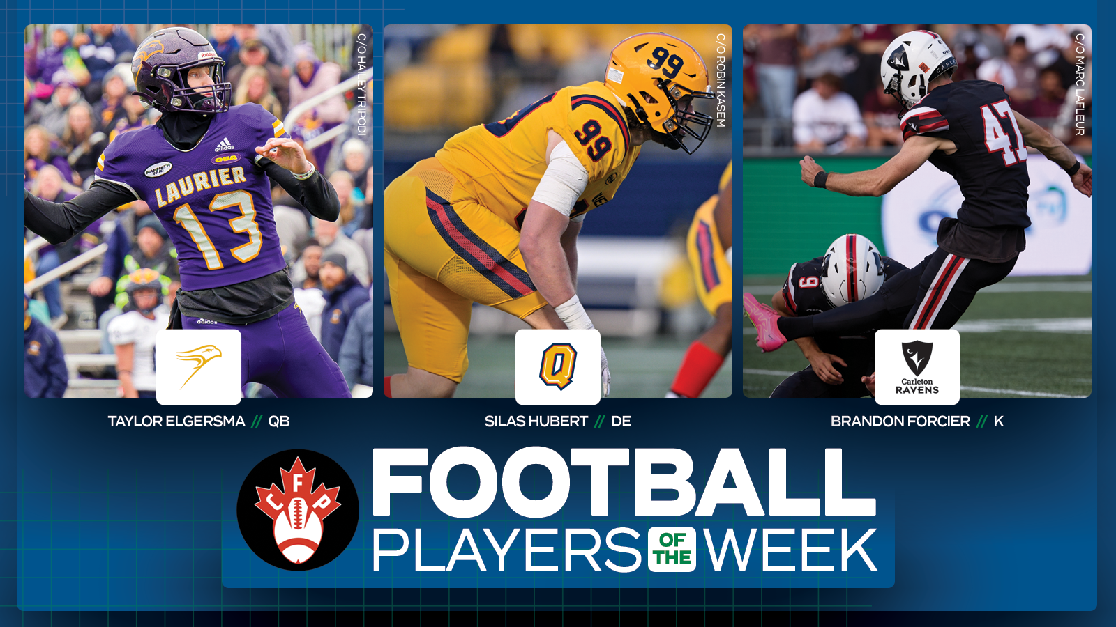 Graphic on predominantly blue background featuring action photos of Taylor Elgersma, Silas Hubert, and Brandon Forcier with their name and school logos placed beneath their respective photos, along with the Canadian Football Perspective logo and white text that reads 'Football Players of the Week' in the lower third