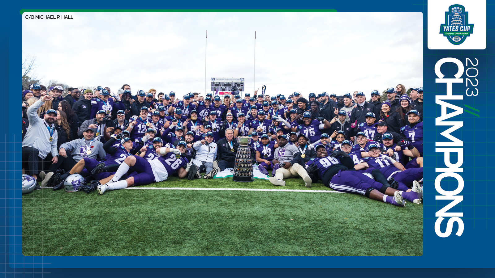 Predominantly blue graphic covered mostly by 2023 OUA Football Championship banner photo, with the corresponding championship logo and white text reading '2023 Champions' on the right side