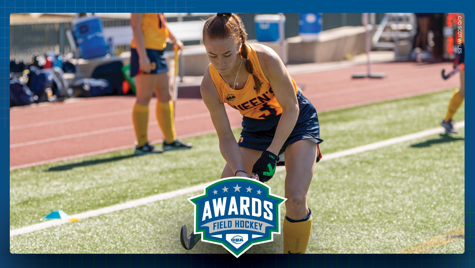 Graphic on predominantly blue background featuring action photo of Queen's field hockey player Nina Watson centered therein, and the OUA field hockey awards logo layered over top of it in the lower third