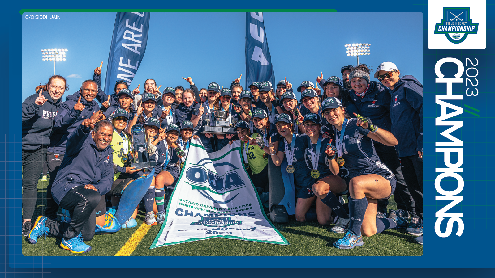 Predominantly blue graphic covered mostly by 2023 OUA Field Hockey Championship banner photo, with the corresponding championship logo and white text reading '2023 Champions' on the right side