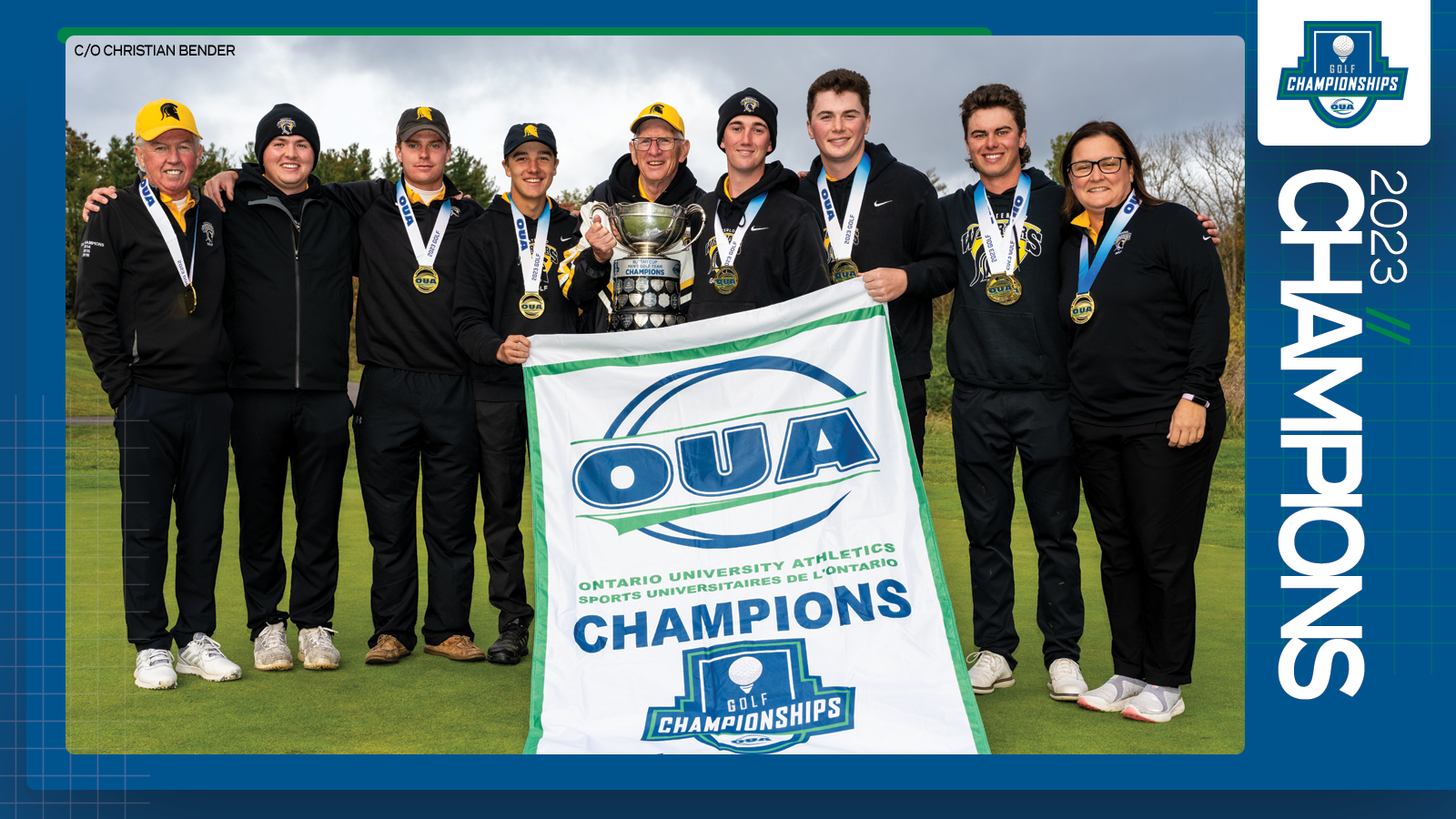 Predominantly blue graphic covered mostly by 2023 OUA Men's Golf Championship banner photo, with the corresponding championship logo and white text reading '2023 Champions' on the right side