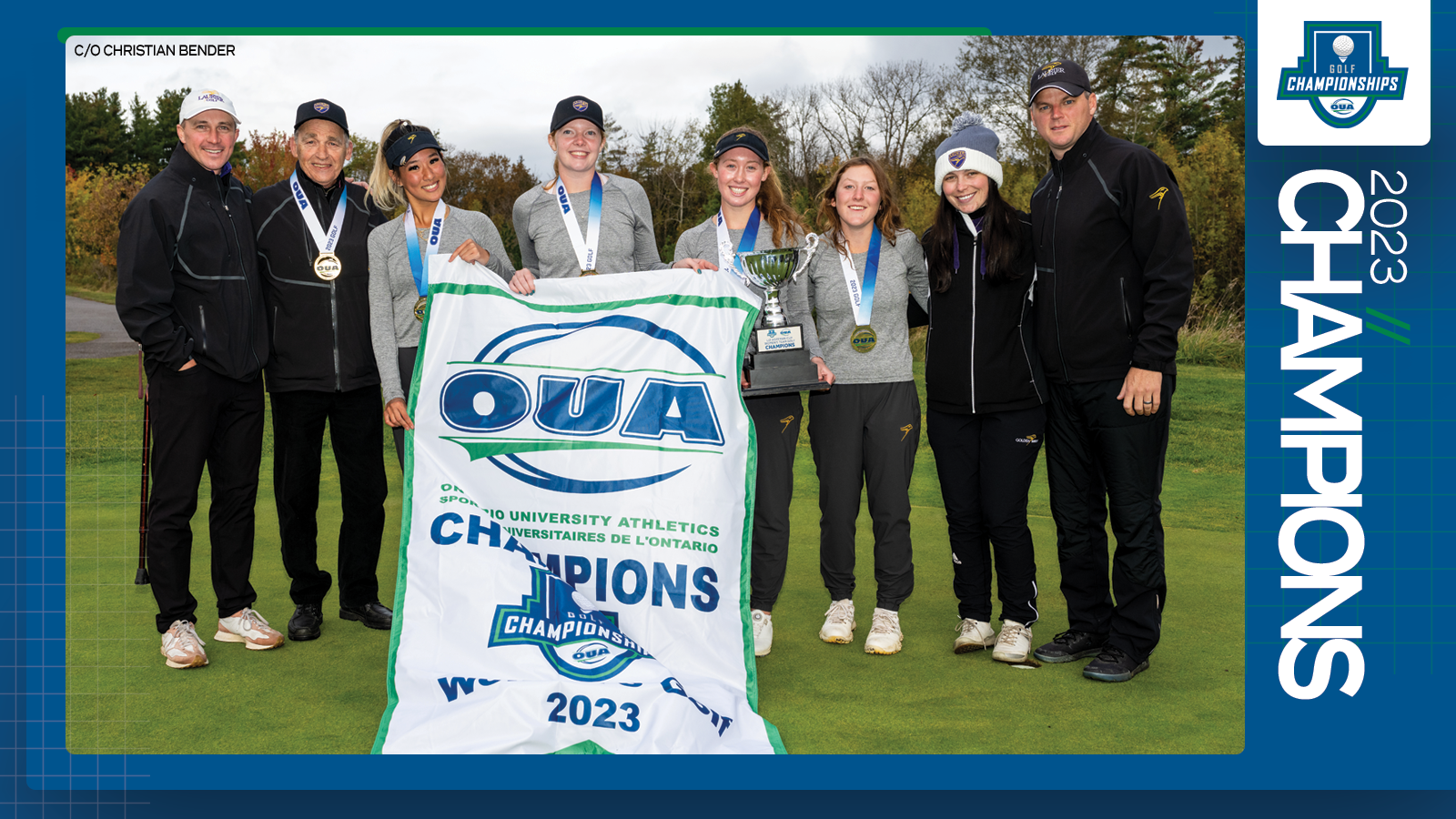 Predominantly blue graphic covered mostly by 2023 OUA Women's Golf Championship banner photo, with the corresponding championship logo and white text reading '2023 Champions' on the right side