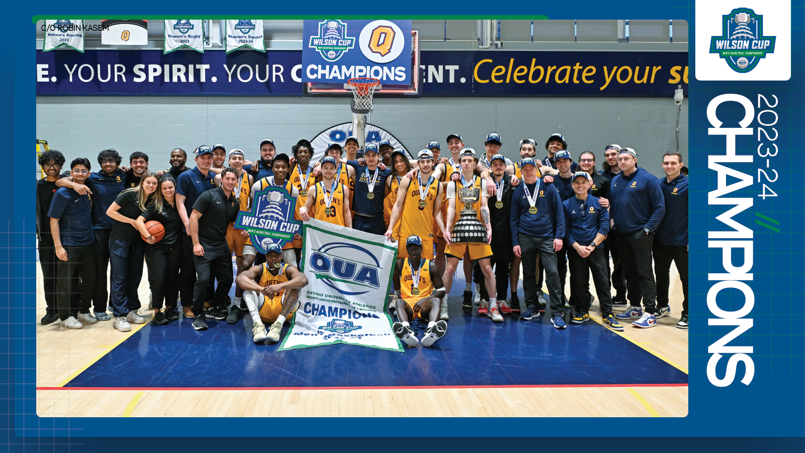 Predominantly blue graphic covered mostly by 2023-24 OUA Men's Basketball Championship banner photo, with the corresponding championship logo and white text reading '2023-24 Champions' on the right side
