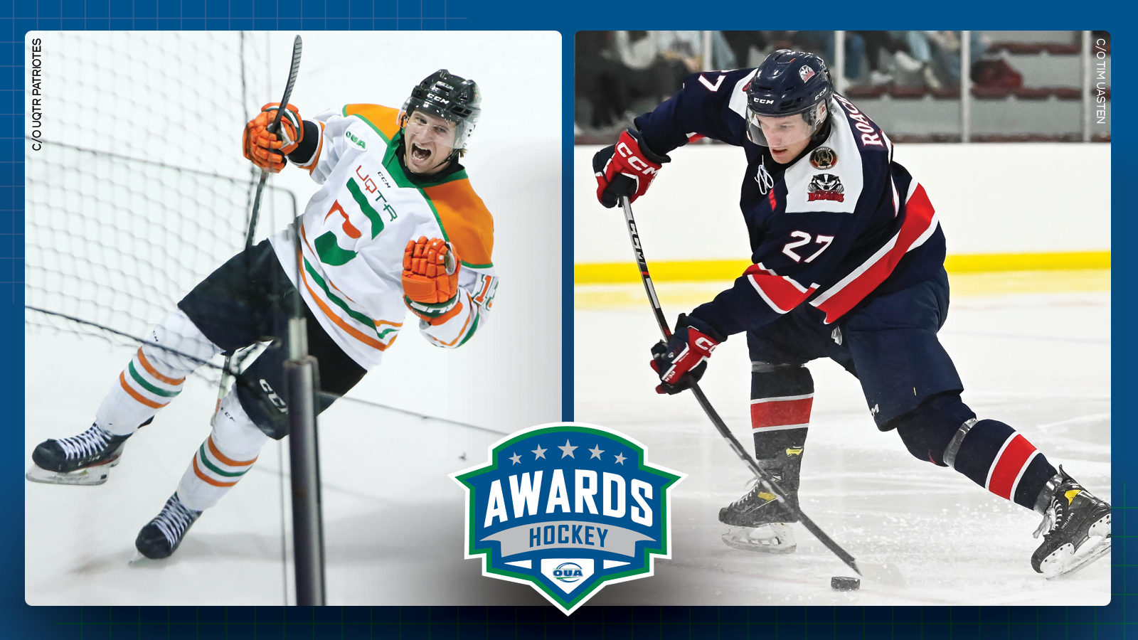 Graphic on blue background featuring action photos of UQTR hockey player Simon Lafrance and Brock hockey player Jacob Roach, with the OUA Hockey Awards logo centered in the lower third