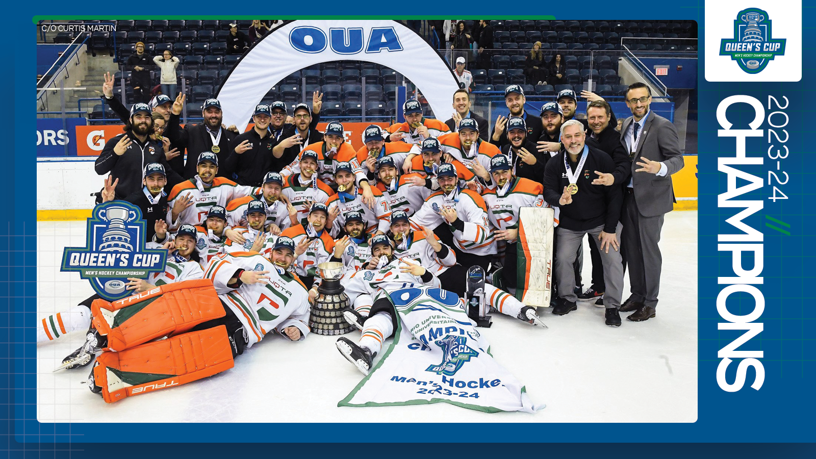 Predominantly blue graphic covered mostly by 2023-24 OUA Men's Hockey Championship banner photo, with the corresponding championship logo and white text reading '2023-24 Champions' on the right side