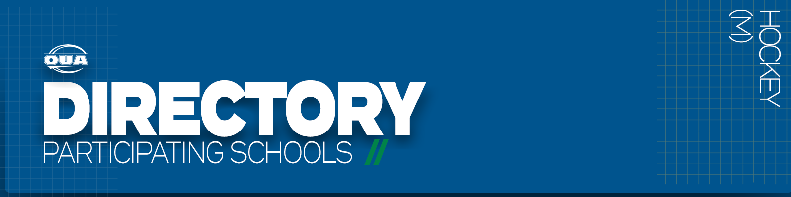 Predominantly blue graphic with large white text on the left side that reads 'Directory, Participating Schools' and small white vertical text on the right side that reads 'Hockey M'