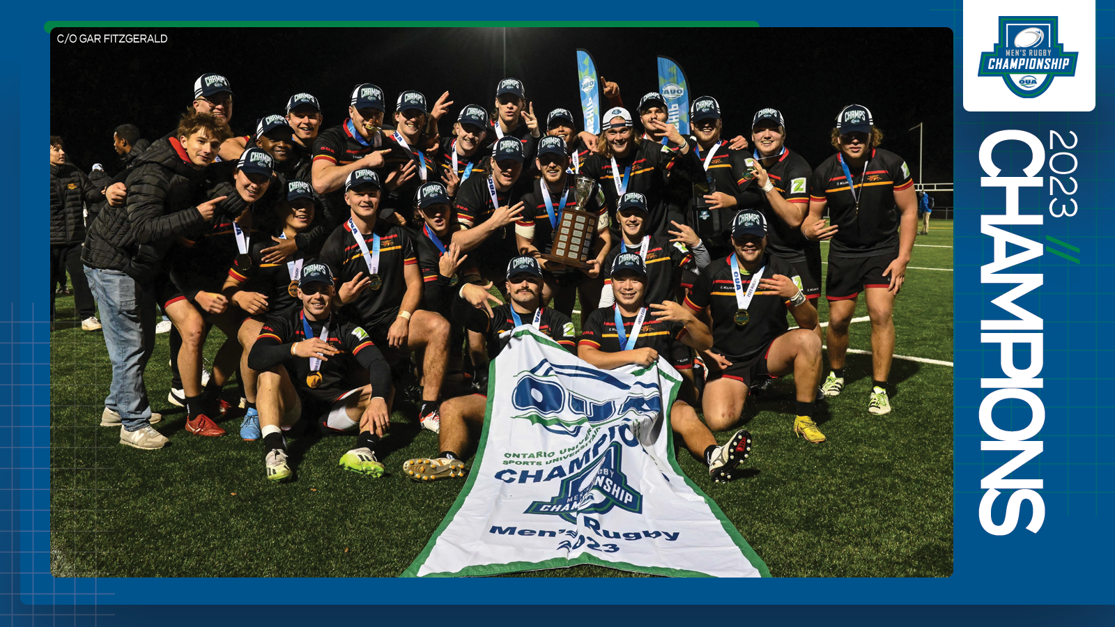Predominantly blue graphic covered mostly by 2023 OUA Men's Rugby Championship banner photo, with the corresponding championship logo and white text reading '2023 Champions' on the right side