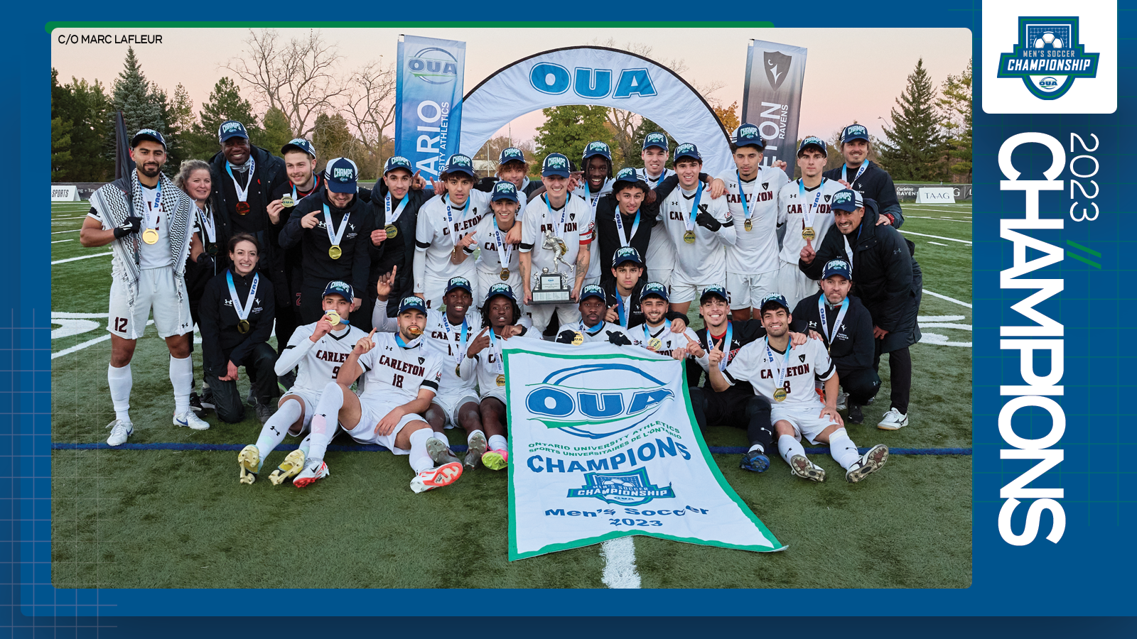 Predominantly blue graphic covered mostly by 2023 OUA Men's Soccer Championship banner photo, with the corresponding championship logo and white text reading '2023 Champions' on the right side
