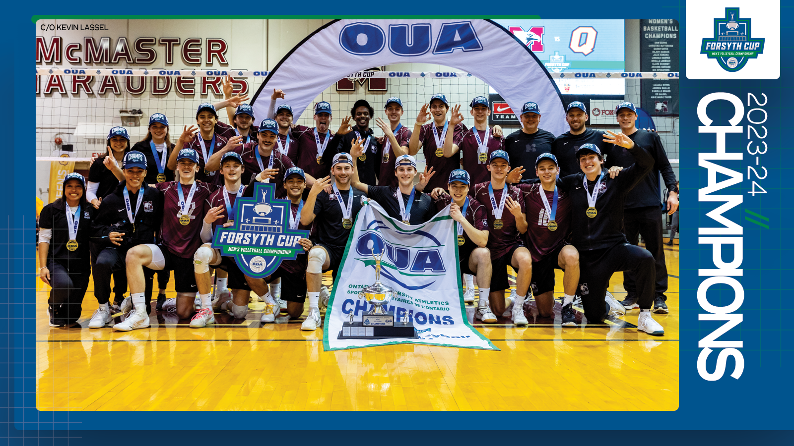 Predominantly blue graphic covered mostly by 2023-24 OUA Men's Volleyball Championship banner photo, with the corresponding championship logo and white text reading '2023-24 Champions' on the right side