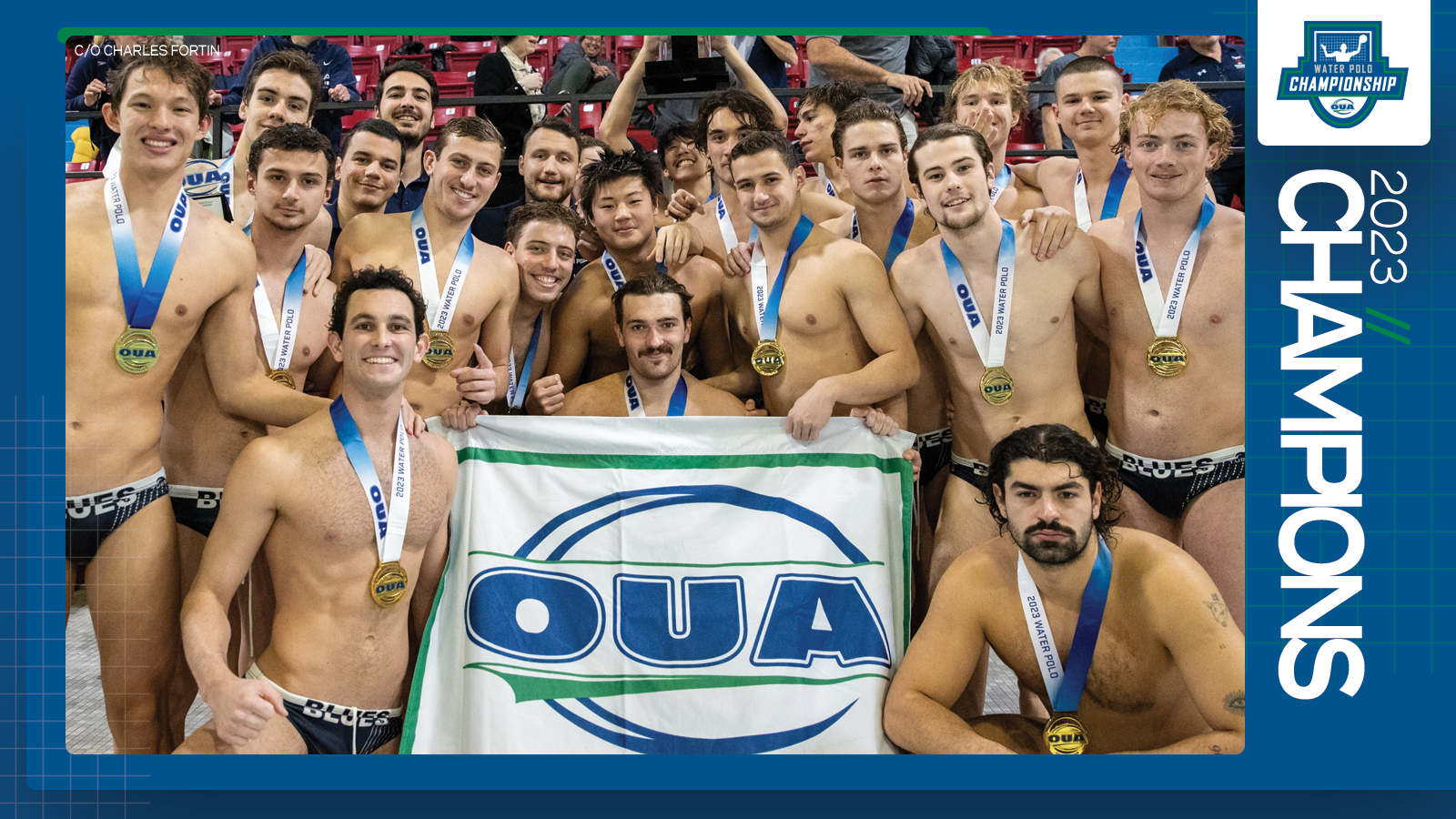 Predominantly blue graphic covered mostly by 2023 OUA Water Polo Championship banner photo, with the corresponding championship logo and white text reading '2023 Champions' on the right side