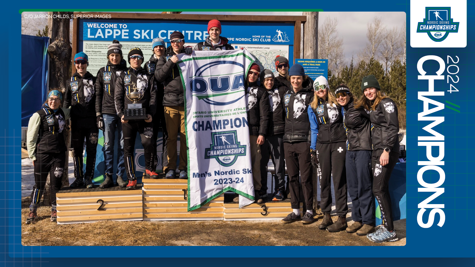 Predominantly blue graphic covered mostly by 2024 OUA Men's Nordic Skiing Championship banner photo, with the corresponding championship logo and white text reading '2024 Champions' on the right side