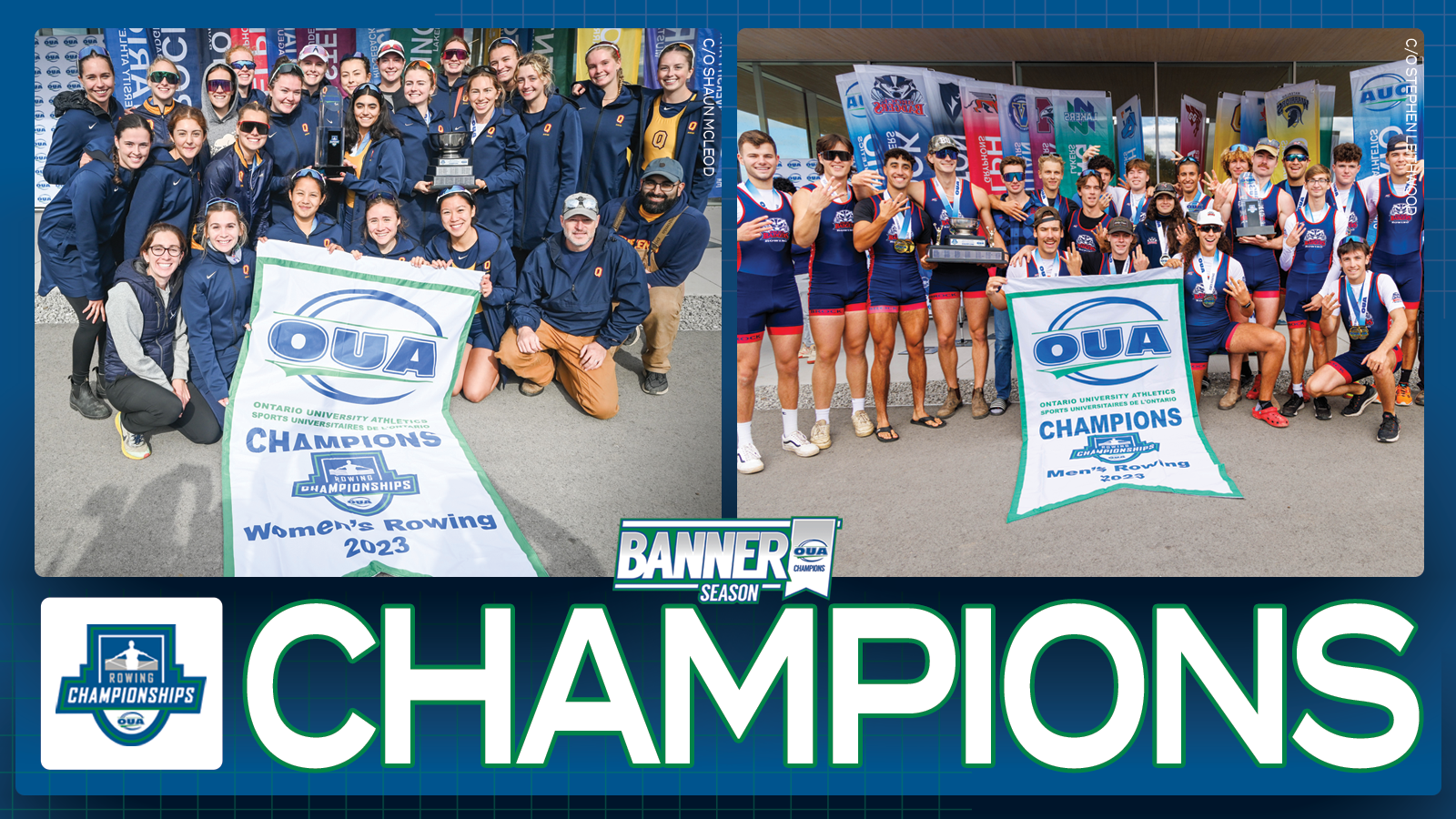 Graphic on predominantly blue background feature banner photos of Queen?s women's and Brock men's rowing teams, with large white text that reads 'Champions' and the OUA Rowing Championships logo underneath them