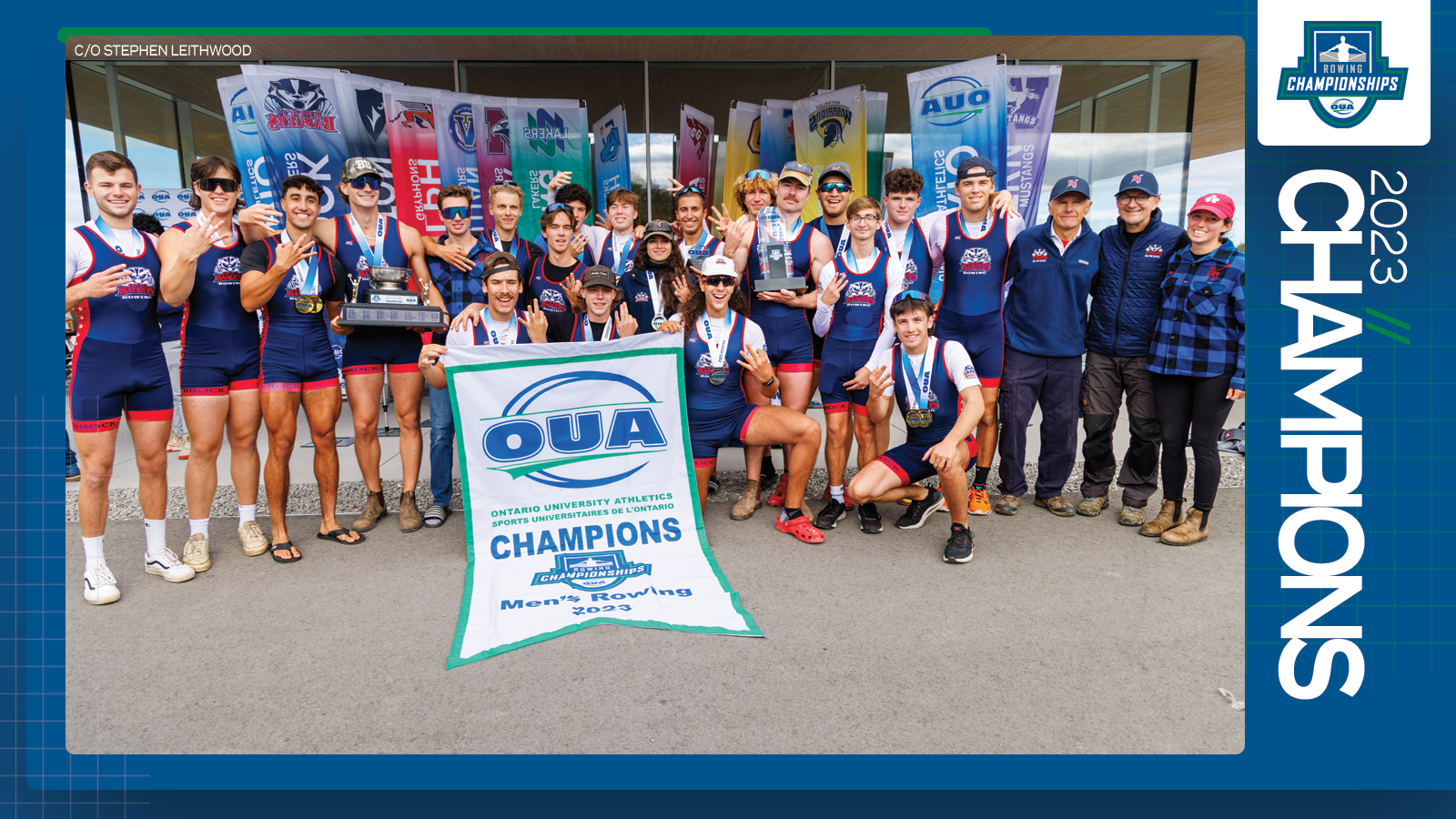 Predominantly blue graphic covered mostly by 2023 OUA Men's Rowing Championship banner photo, with the corresponding championship logo and white text reading '2023 Champions' on the right side