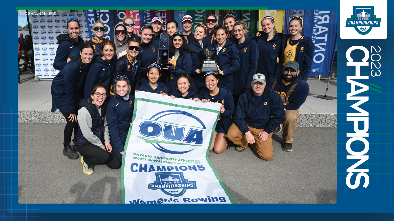 Predominantly blue graphic covered mostly by 2023 OUA Women's Rowing Championship banner photo, with the corresponding championship logo and white text reading '2023 Champions' on the right side