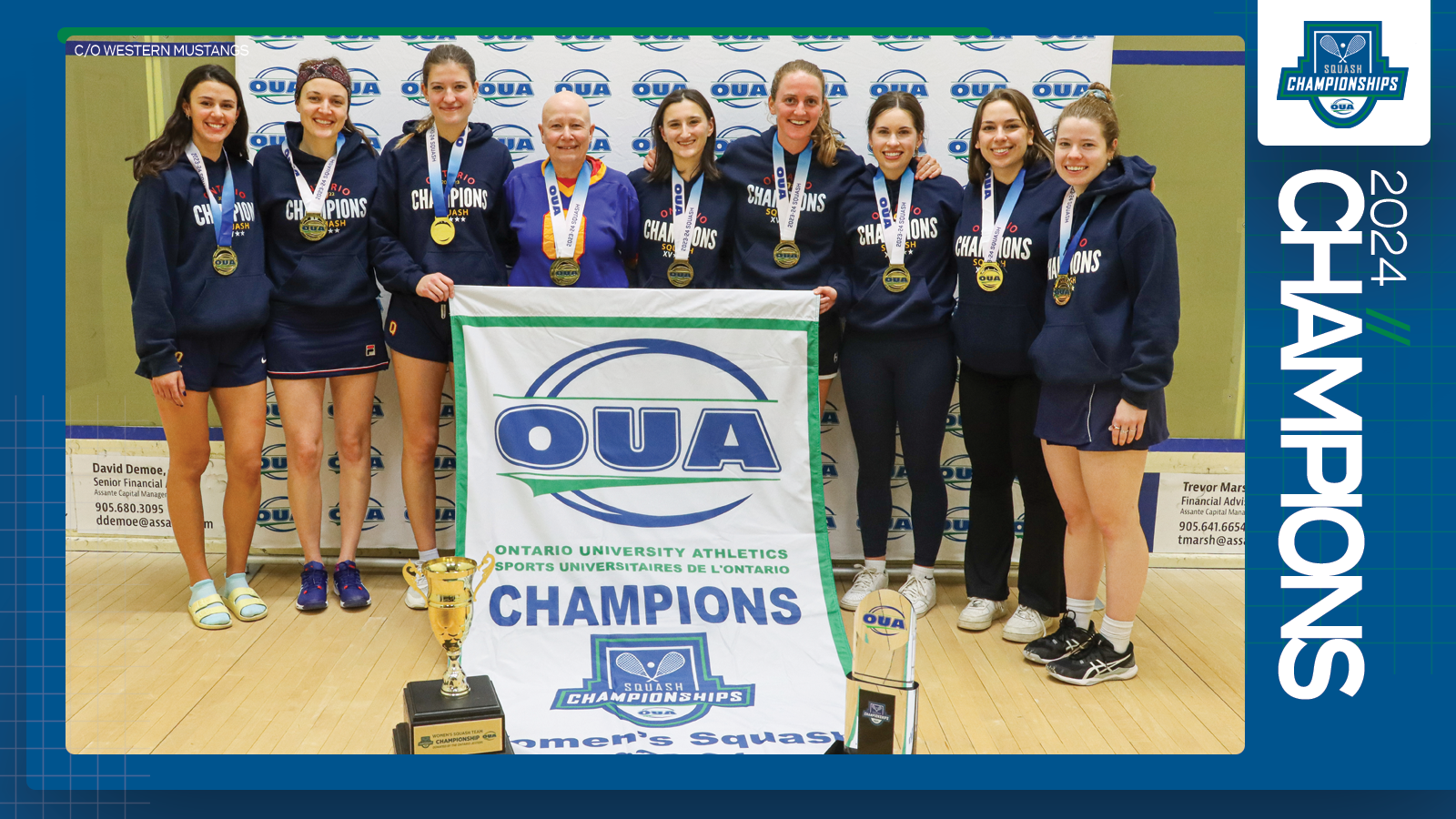 Predominantly blue graphic covered mostly by 2024 OUA Women's Squash Championship banner photo, with the corresponding championship logo and white text reading '2024 Champions' on the right side