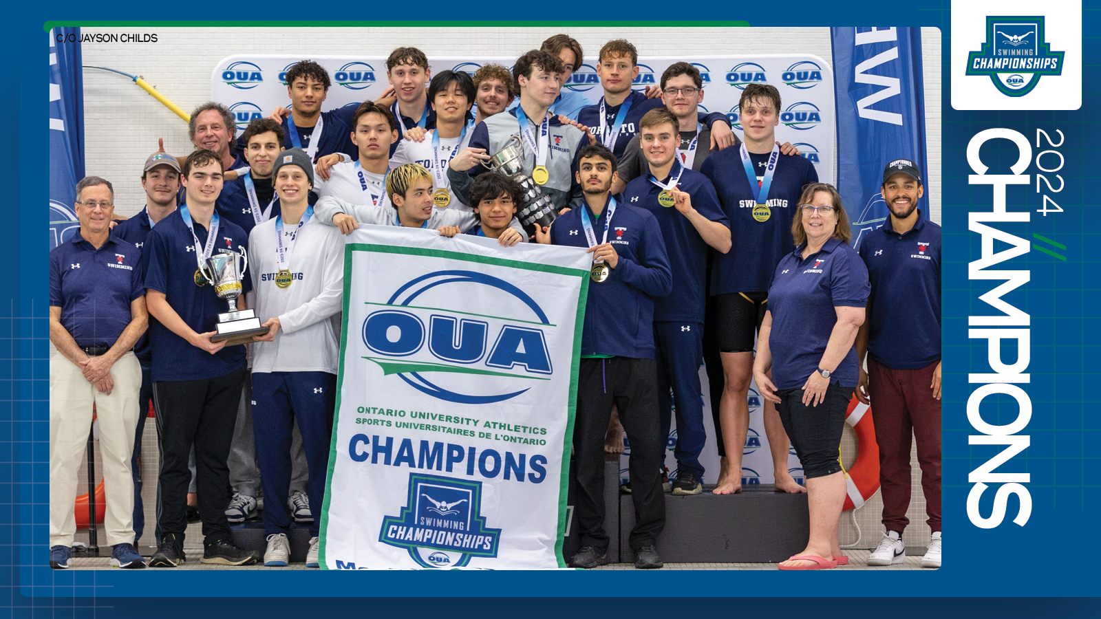 Predominantly blue graphic covered mostly by 2024 OUA Men's Swimming Championship banner photo, with the corresponding championship logo and white text reading '2024 Champions' on the right side