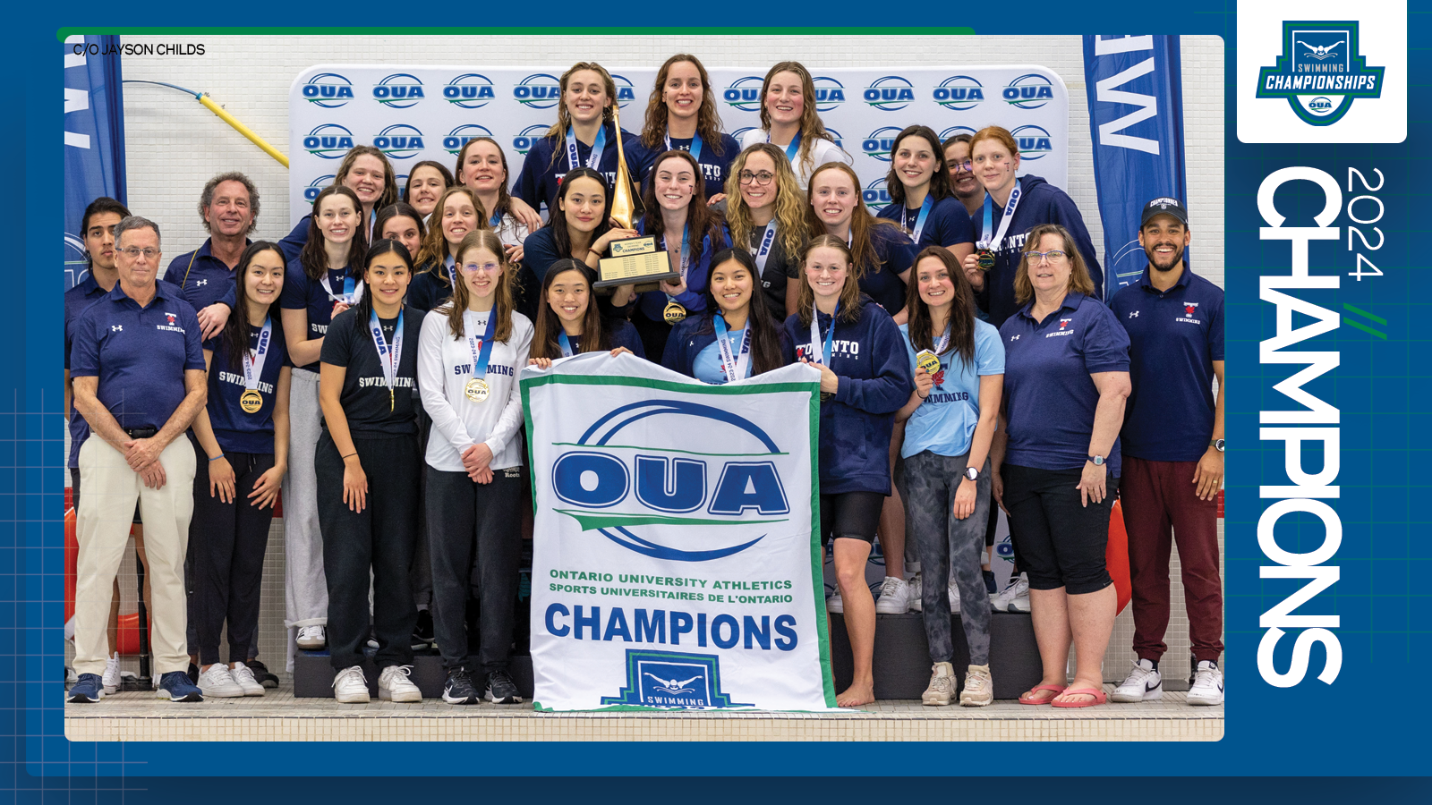 Predominantly blue graphic covered mostly by 2024 OUA Women's Swimming Championship banner photo, with the corresponding championship logo and white text reading '2024 Champions' on the right side