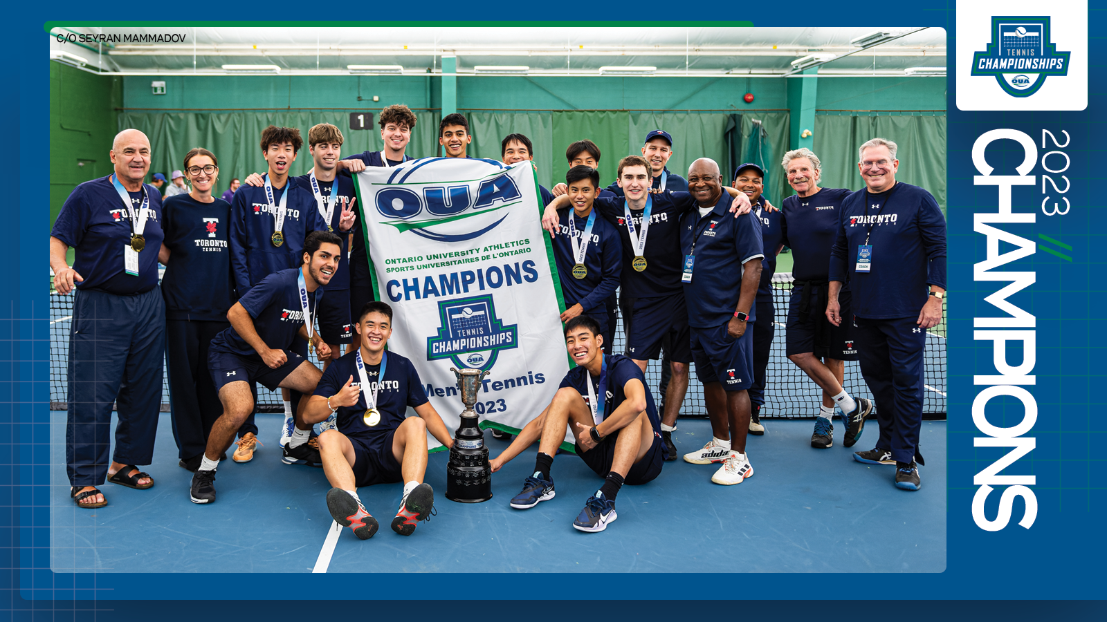 Predominantly blue graphic covered mostly by 2023 OUA Men's Tennis Championship banner photo, with the corresponding championship logo and white text reading '2023 Champions' on the right side