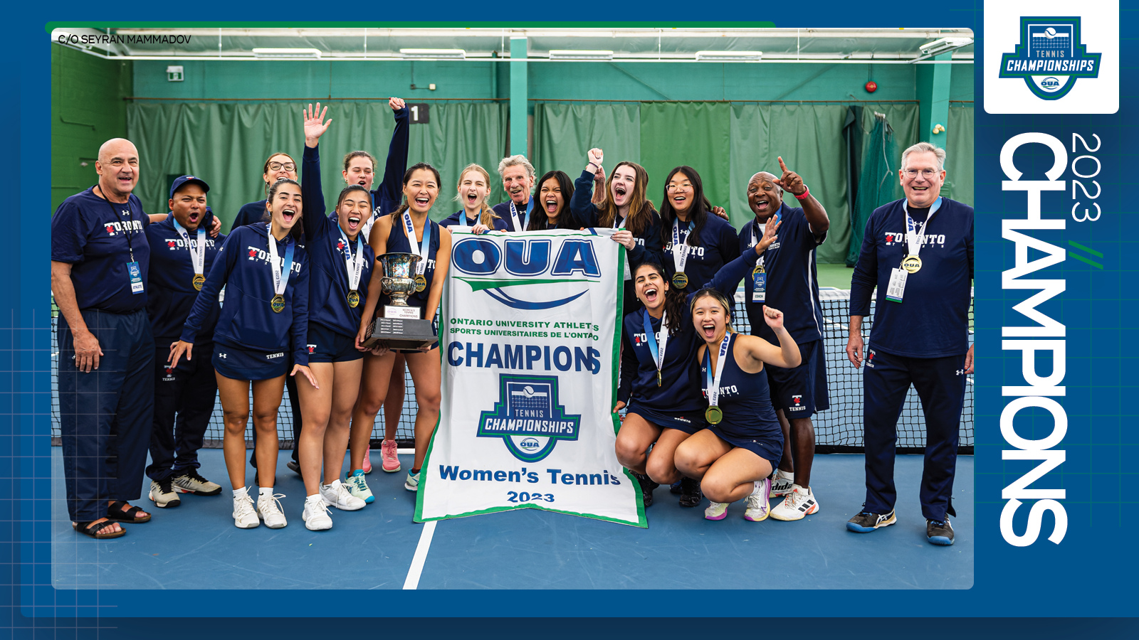 Predominantly blue graphic covered mostly by 2023 OUA Women's Tennis Championship banner photo, with the corresponding championship logo and white text reading '2023 Champions' on the right side