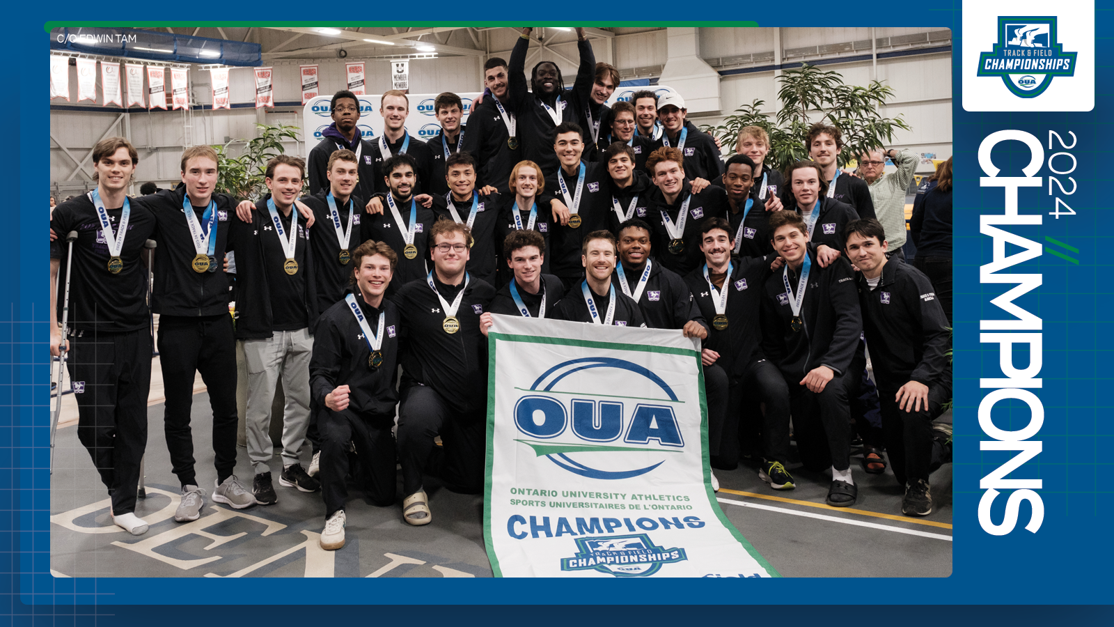 Predominantly blue graphic covered mostly by 2024 OUA Men's Track & Field Championship banner photo, with the corresponding championship logo and white text reading '2024 Champions' on the right side