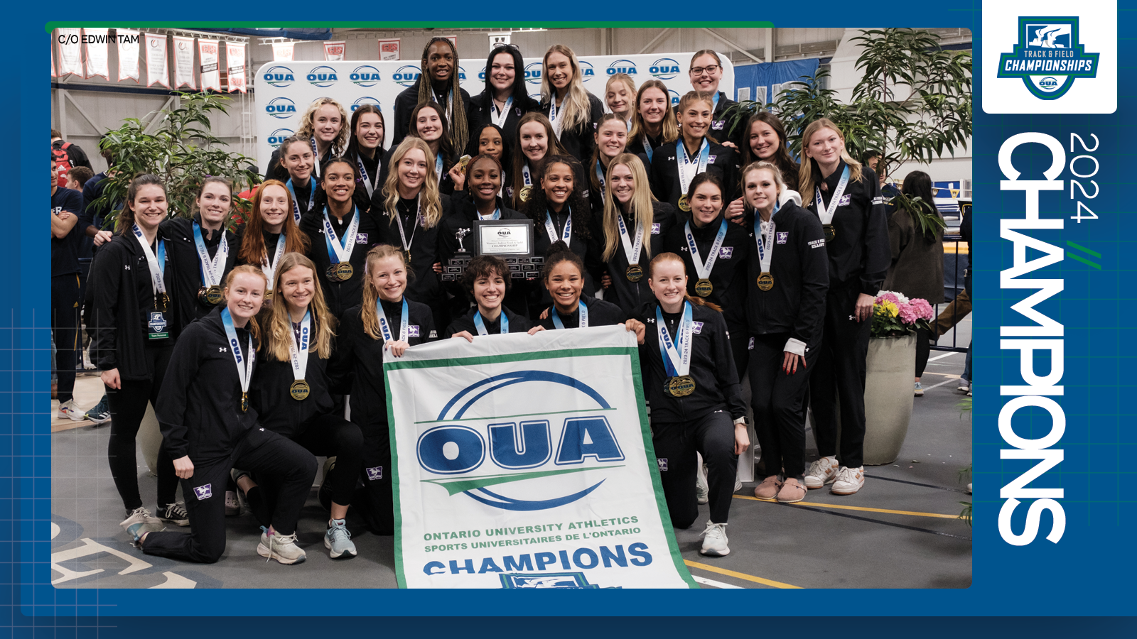 Predominantly blue graphic covered mostly by 2024 OUA Women's Track & Field Championship banner photo, with the corresponding championship logo and white text reading '2024 Champions' on the right side