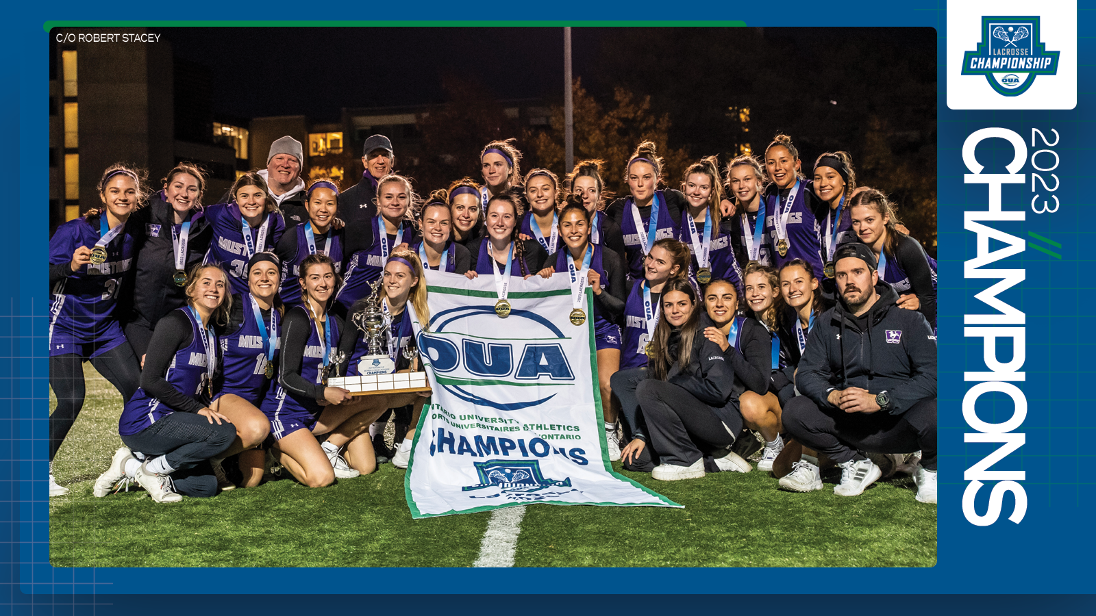 Predominantly blue graphic covered mostly by 2023 OUA Lacrosse Championship banner photo, with the corresponding championship logo and white text reading '2023 Champions' on the right side