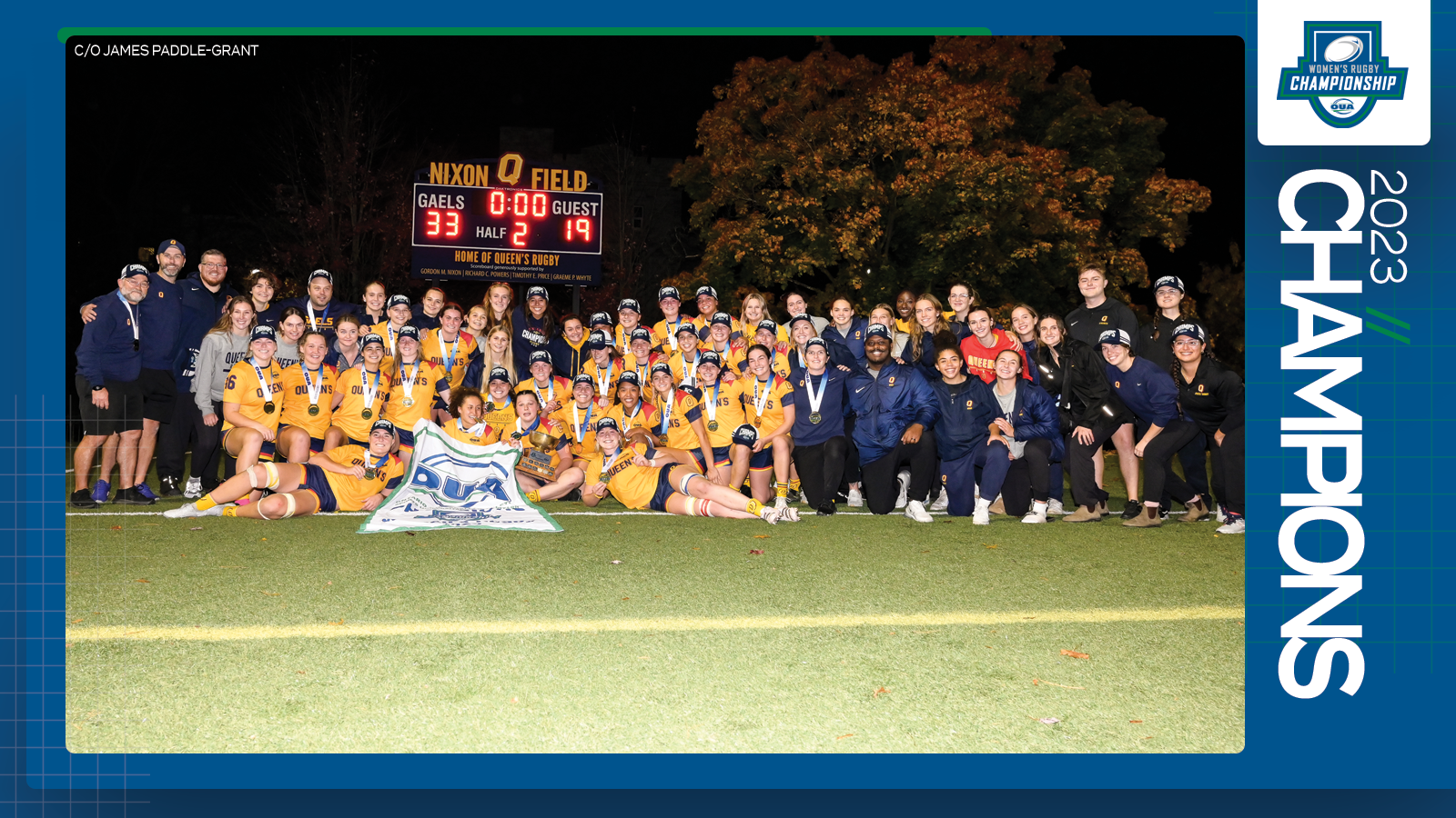 Predominantly blue graphic covered mostly by 2023 OUA Women's Rugby Championship banner photo, with the corresponding championship logo and white text reading '2023 Champions' on the right side