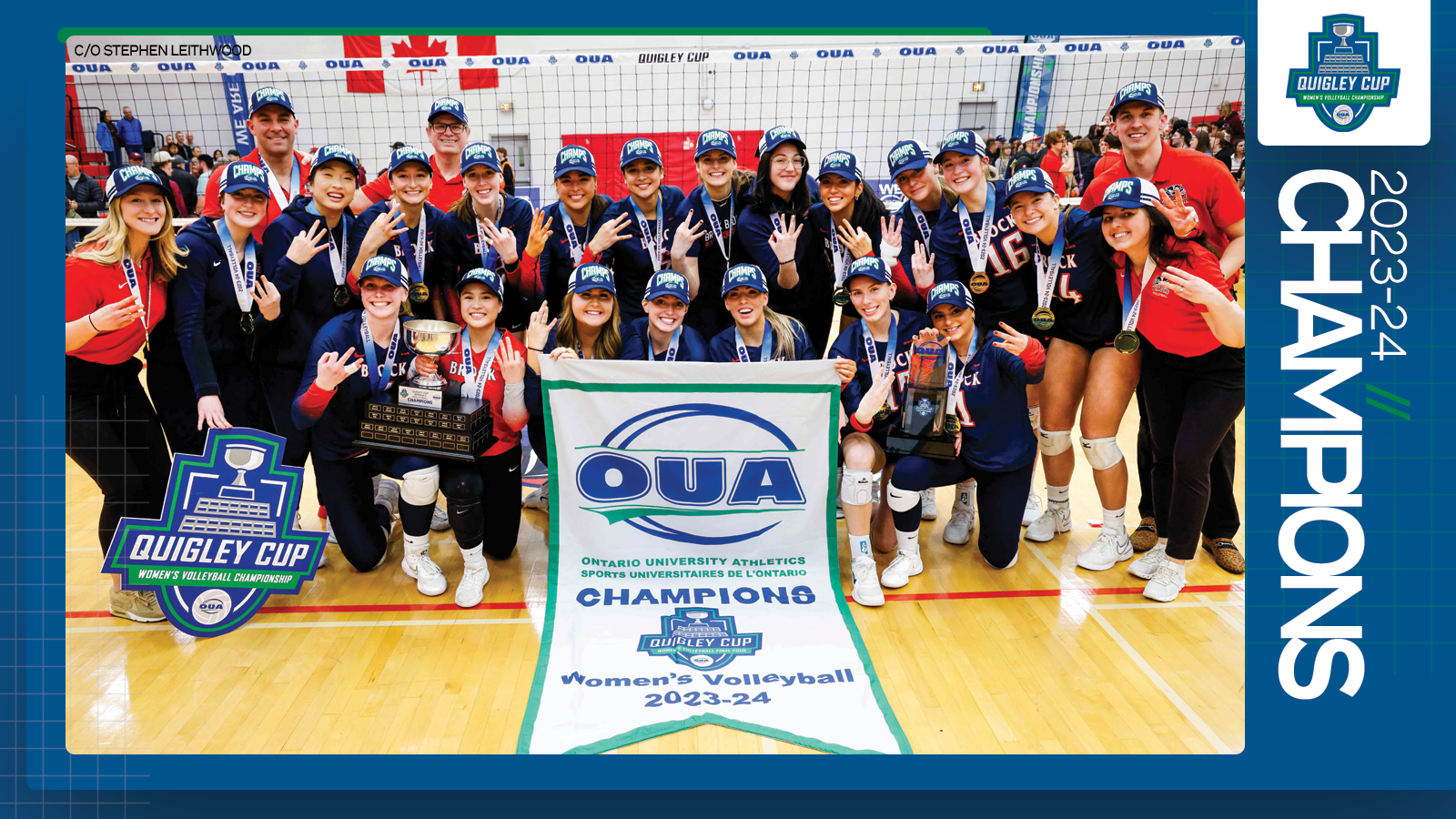 Predominantly blue graphic covered mostly by 2023-24 OUA Women's Volleyball Championship banner photo, with the corresponding championship logo and white text reading '2023-24 Champions' on the right side