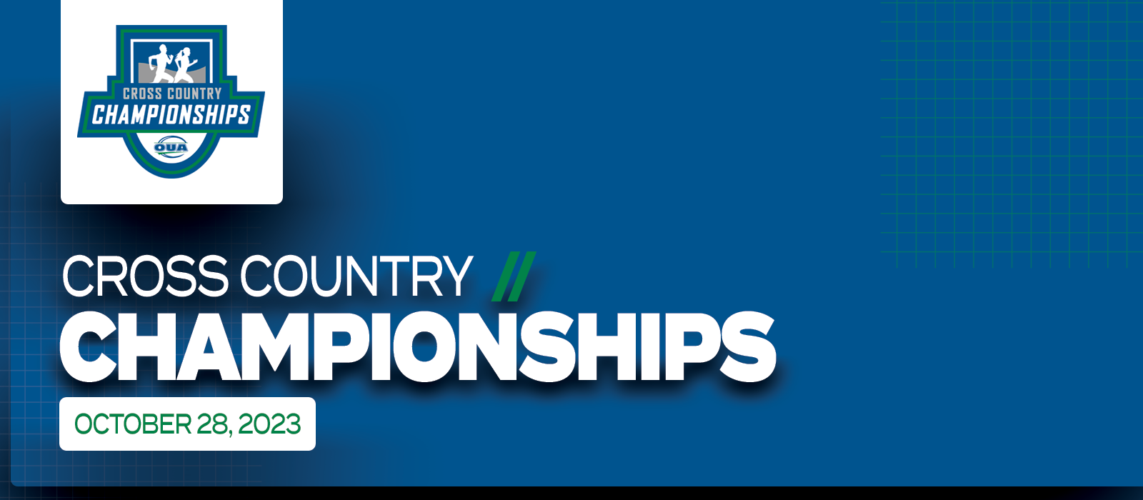 Predominantly blue graphic with large white text on the left side that reads Cross Country Championships, October 28, 2023’ beneath the OUA Cross Country Championships logo