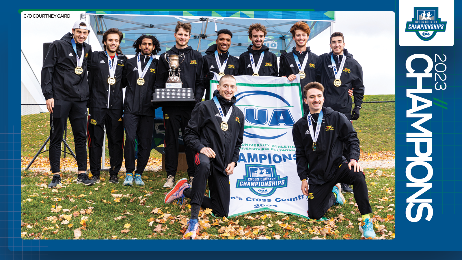 Predominantly blue graphic covered mostly by 2023 OUA Men's Cross Country Championship banner photo, with the corresponding championship logo and white text reading '2023 Champions' on the right side