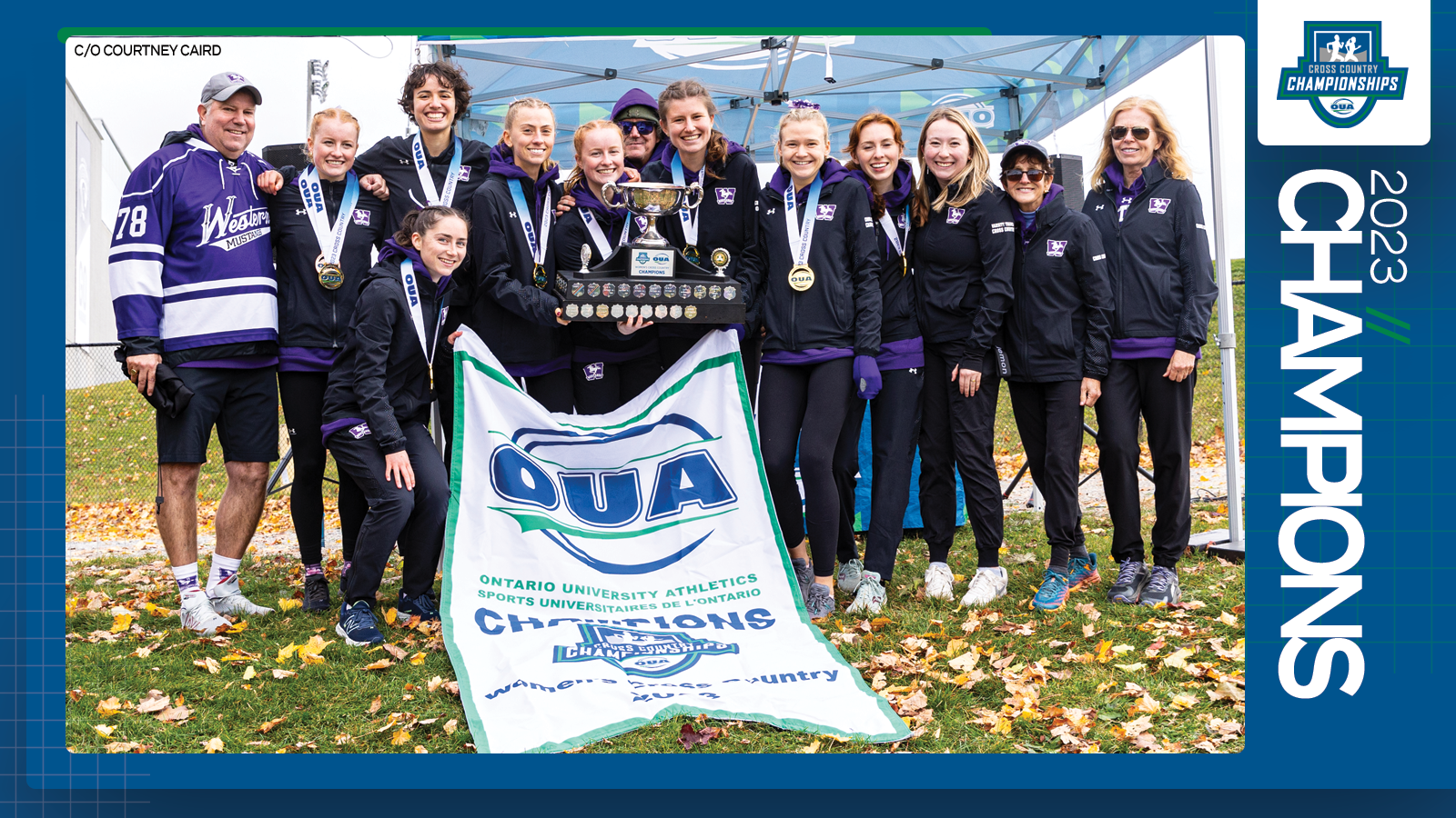 Predominantly blue graphic covered mostly by 2023 OUA Women's Cross Country Championship banner photo, with the corresponding championship logo and white text reading '2023 Champions' on the right side