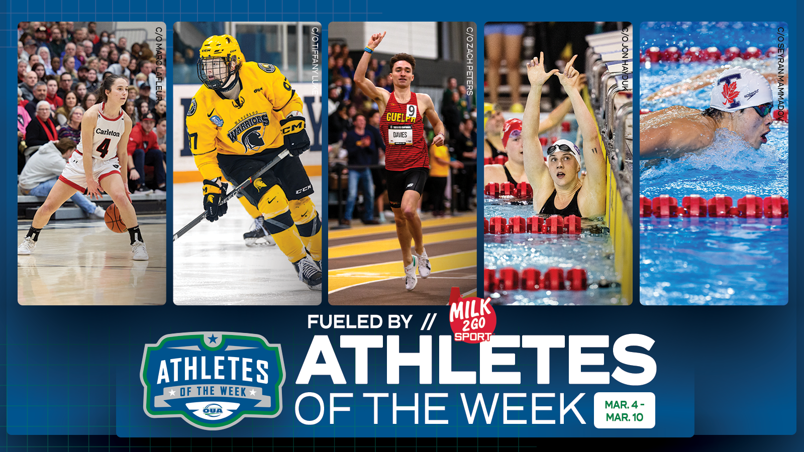 Graphic on a predominantly blue background with images and text. Three images are large and centered across the length of the graphic. The text logo at the bottom reads "Athletes of the Week" stating the time period of "March 4-  March 10" 2024. From left to right the images are: Carleton Ravens Women's Basketball athlete Kali Pocrnic, Waterloo Warriors Women's hockey athlete Paige Rynne, Guelph Gryphons Men's Track athlete Max Davies, Western Mustangs Women's swimmer Shona Branton, Toronto Varsity Bluesmen's swimmer Bill Dongfang