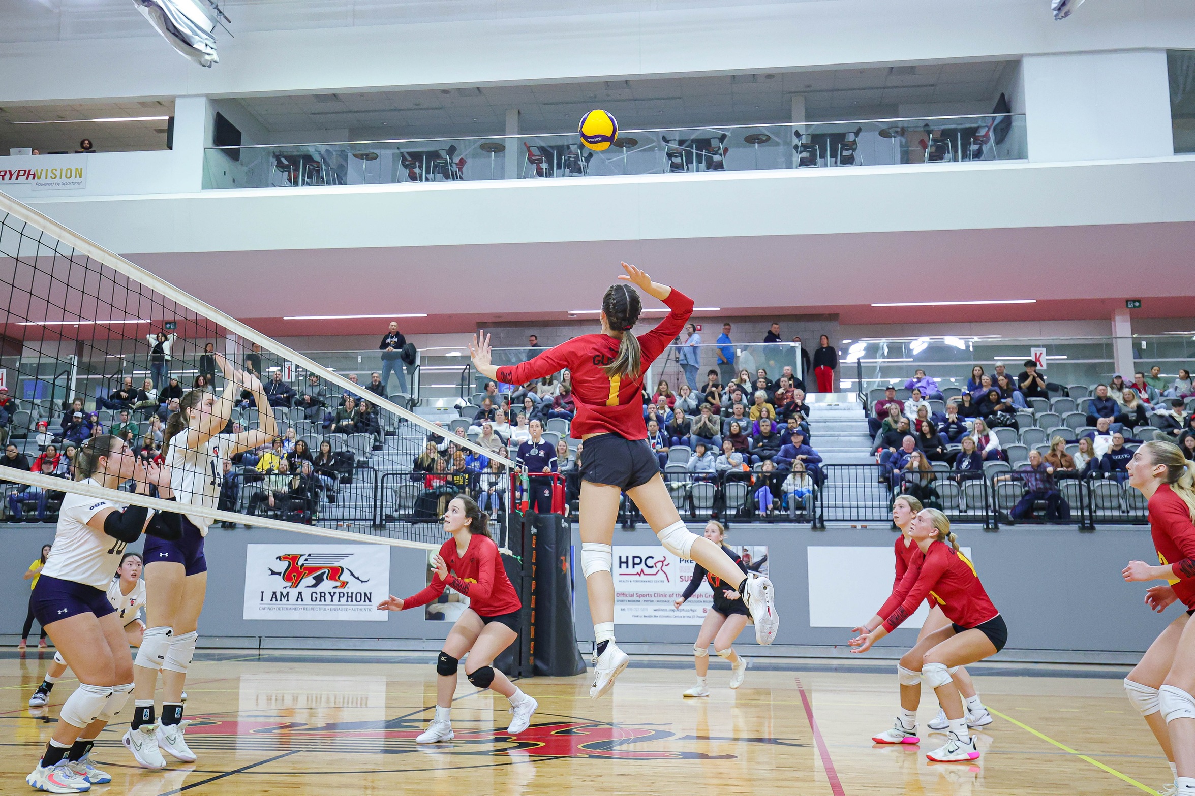 Image of women's volleyball athlete Briar Crerar on the volleyball court. Wide shot of court with one athlete (Briar) jumping with her arm pulled back about to hit the ball with her teammates underneath to support.