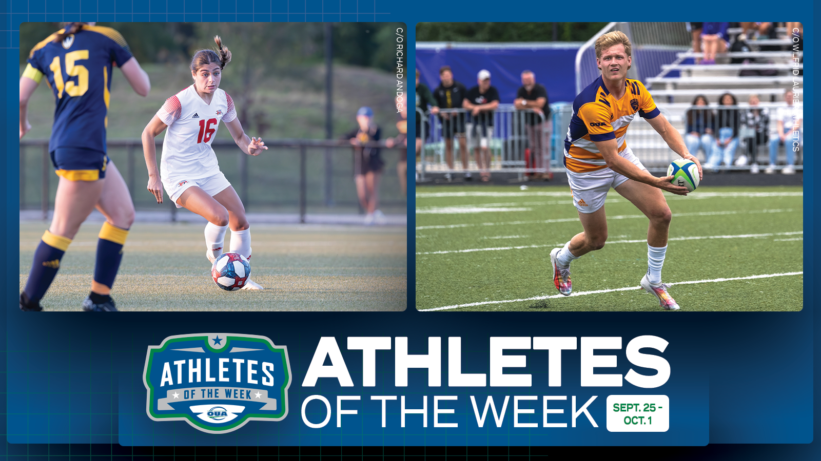 Navy blue background with Green highlights. Bottom banner has OUA athletes of the week logo and text saying 