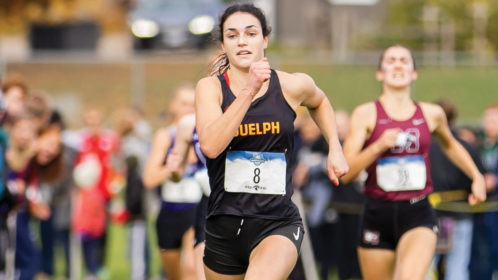 Guelph women's cross country runner Julia Agostinelli running on course ahead of her competitors during the OUA Championships