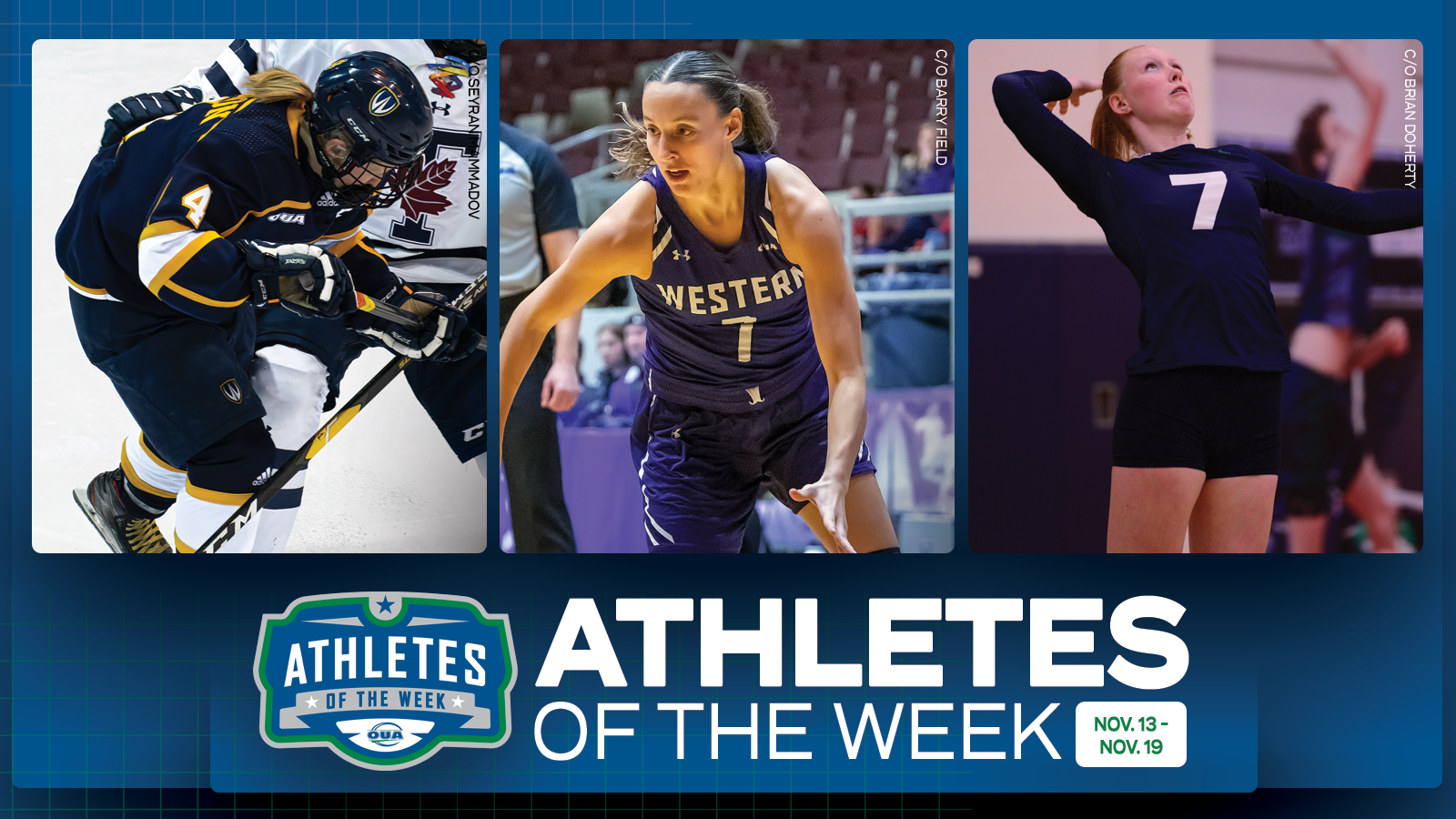 Graphic on predominantly blue background featuring action shots of Windsor women's hockey player Jessica Gribbon, Western women's basketball player MacKeely Shantz, and Nipissing women's volleyball player Paige Owen, with the OUA Athletes of the Week logo and white text that reads 'Athletes of the Week' placed in the lower third