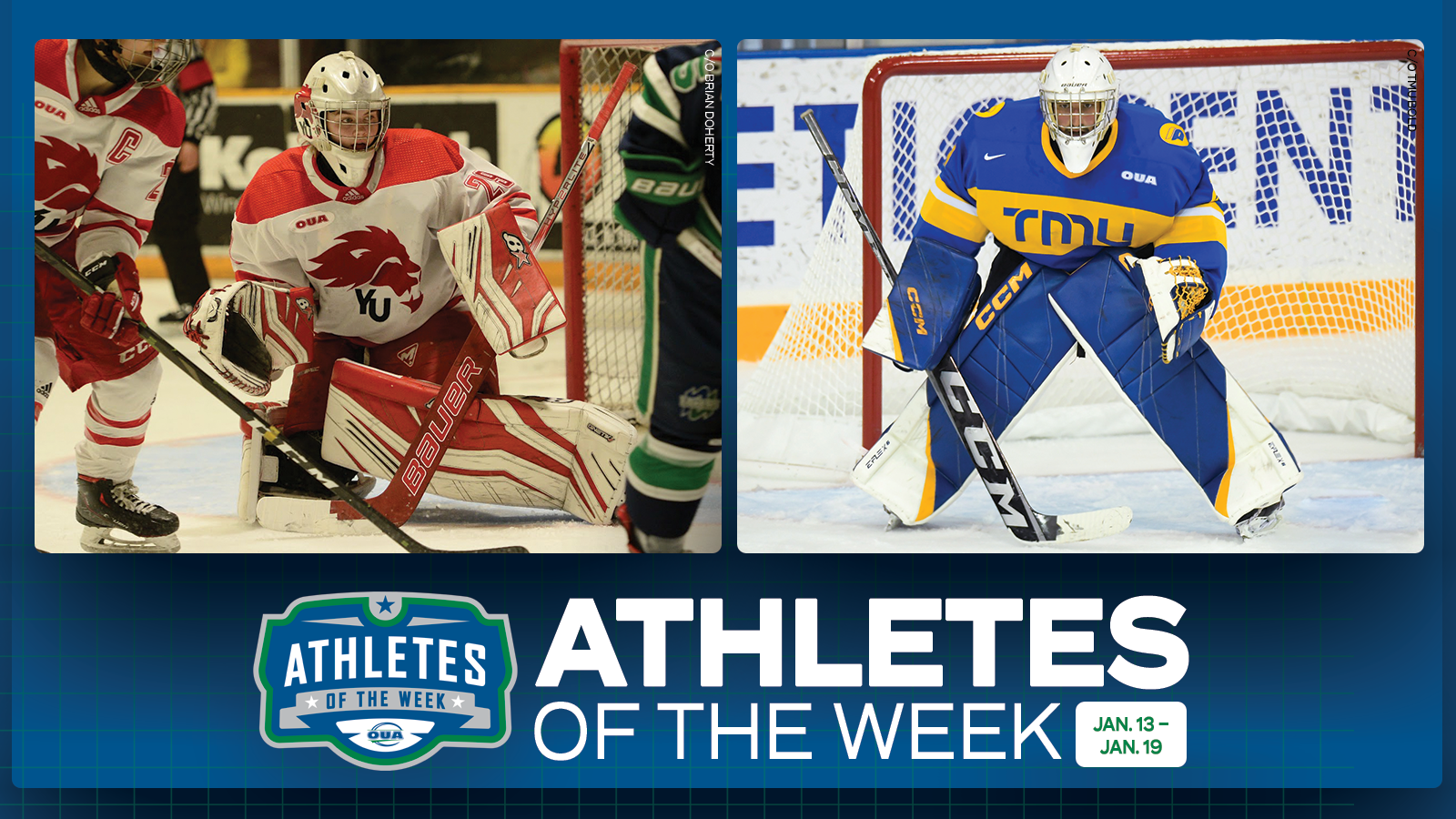 Graphic on predominantly blue background featuring action photo of Brock Badgers women?s hockey player Kennedy Lonson, Ottawa Gee-Gees Jenna Matsuko and Ontario Tech Ridgebacks Erion Metaj along with the OUA Athletes of the Week logo and large white 'Athletes of the Week' text in the lower third