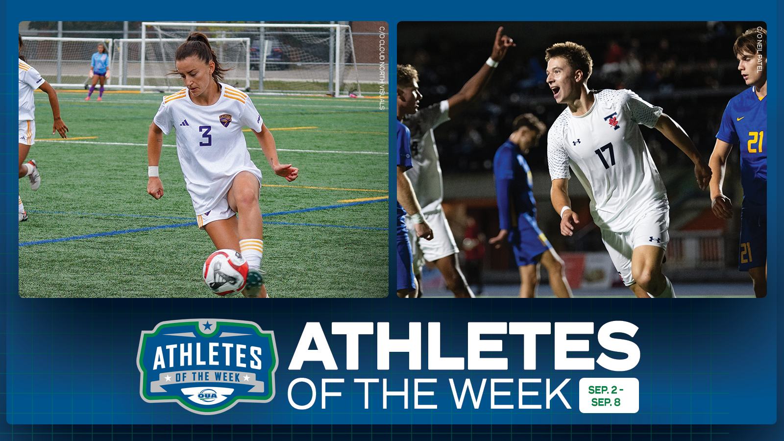 Graphic on a predominantly blue background featuring action photos of Laurier Golden Hawks Samatha Murphy and Toronto Varsity Blues Niklas Hallam along with the OUA Athletes of the Week logo and large white 'Athletes of the Week' text in the lower third. 